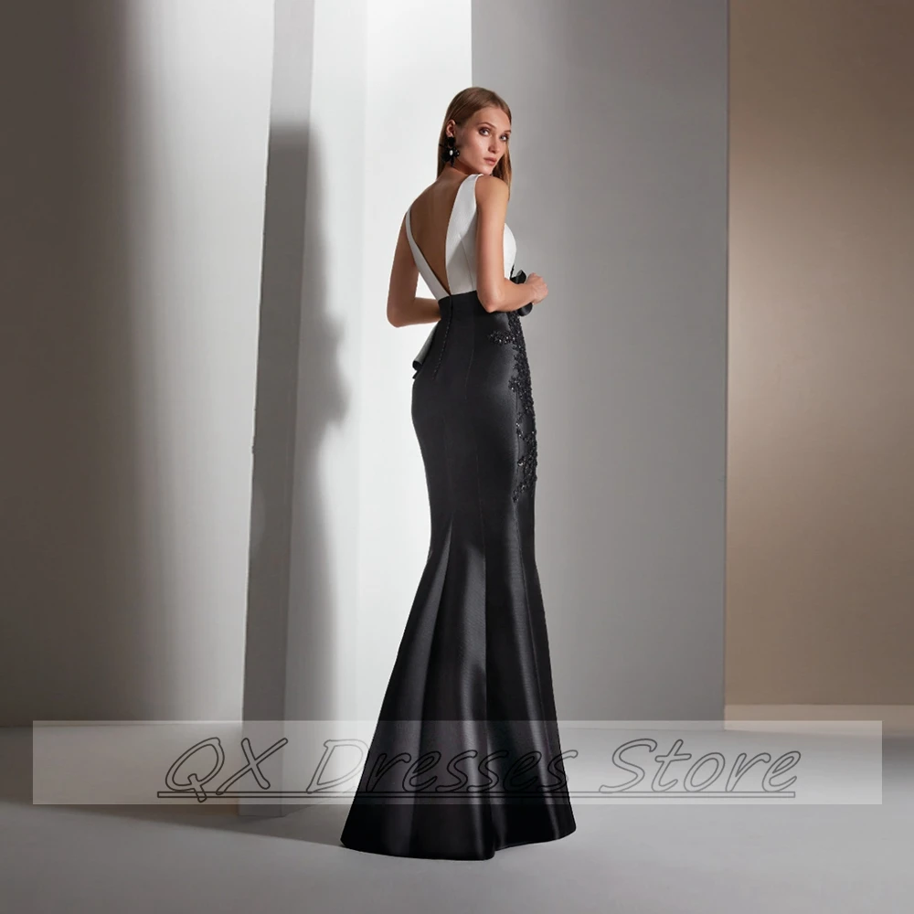 Women Party Dresses Black Elegant Dress For Wedding Satin Lace Appliques And Bow Backless Evening Party Mermaid Prom