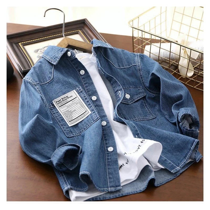 Fashion Boys Denim Shirt Long Sleeve Turn Down Collar Blue Shirt Children Boys Loose Casual Cardigan Tops Clothes