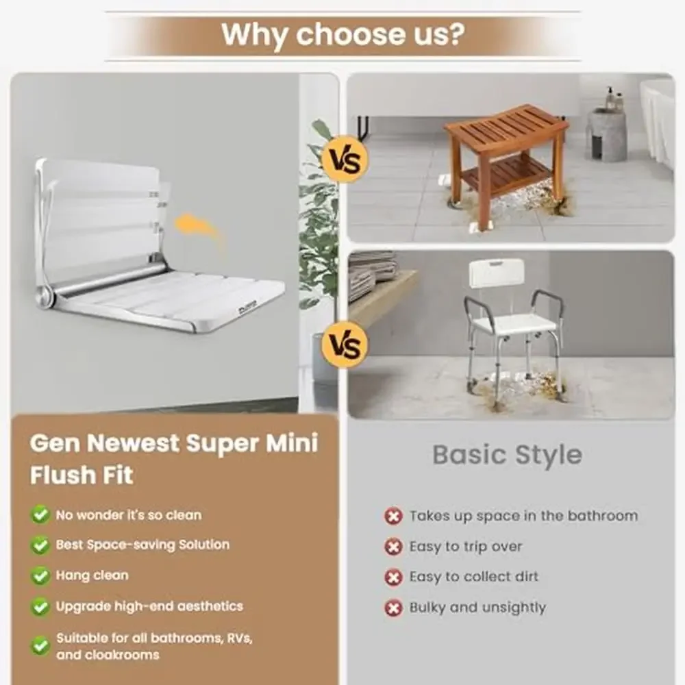 Teak Wood Folding Shower Seat Wall Mount Foldable Bench Inside Bathroom Sauna Nursery Balcony Changing Room Stylish Design Easy 2
