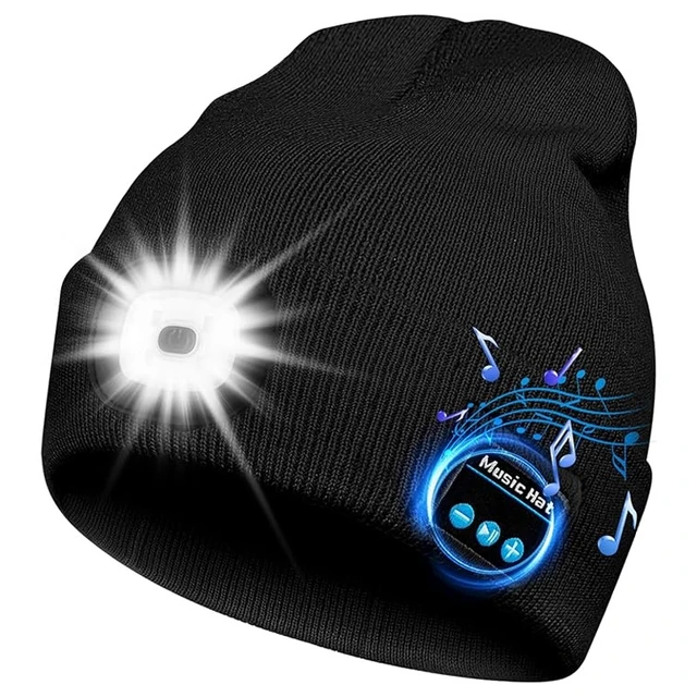 Black knit winter beanie with built-in LED light and music playback, perfect for outdoor activities and cold weather. Stylish, functional, and music-enabled design for enhanced winter experience.
