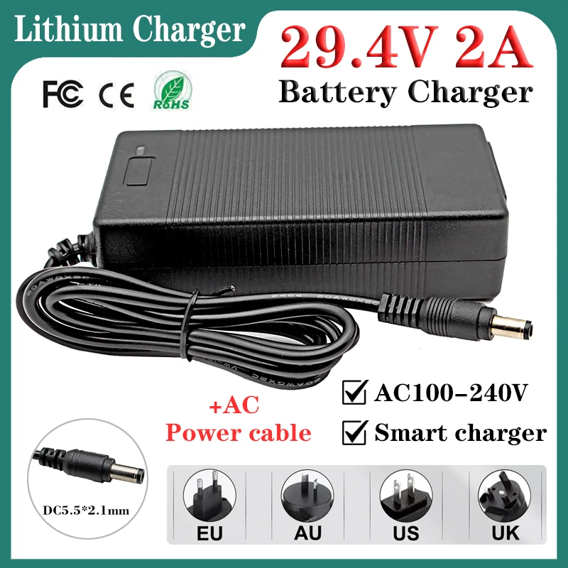 Battery Charger Fast Charger 29.4V 2A Lithium AC100-240V to DC For 24V 25.2V 29V 7S Electric tool two wheelers li-ion Cells Smart charger