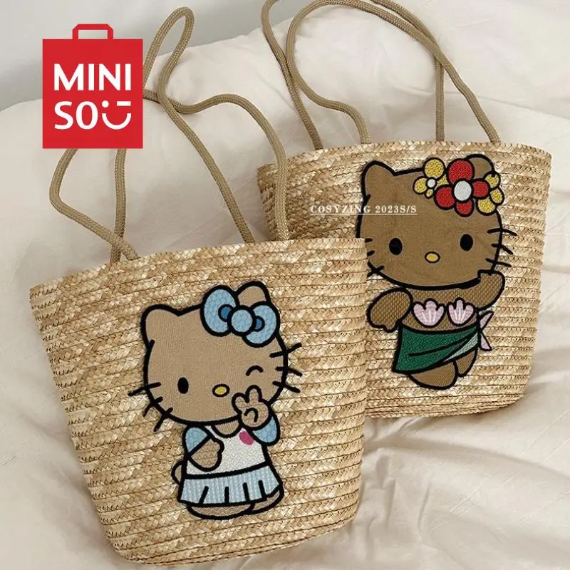 

Kawaii Sanrio Hello Kitty Holiday Style Large Capacity Woven Bag Fashionable Anime Beach Bag Cute Embroidered Cartoon Girl Gifts