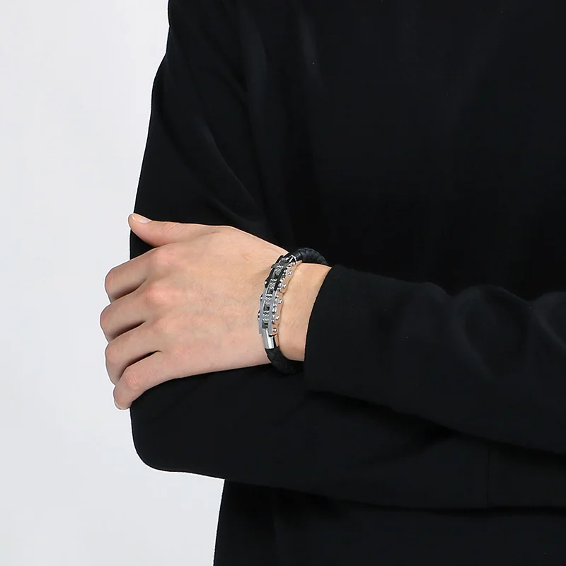 Vintage Stainless Steel Bicycle Chain Bracelet for Men Punk Woven Charm Leather Bracelet Gift Trend Party Jewelry