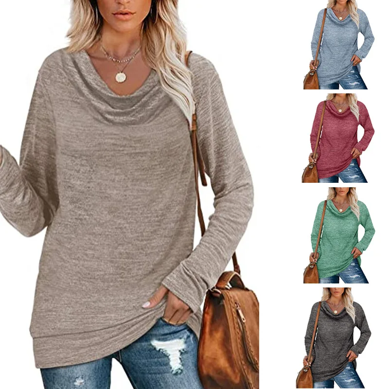 

2022 autumn and winter women's new women's casual long-sleeved pile collar tops loose mid-length knitted sweaters