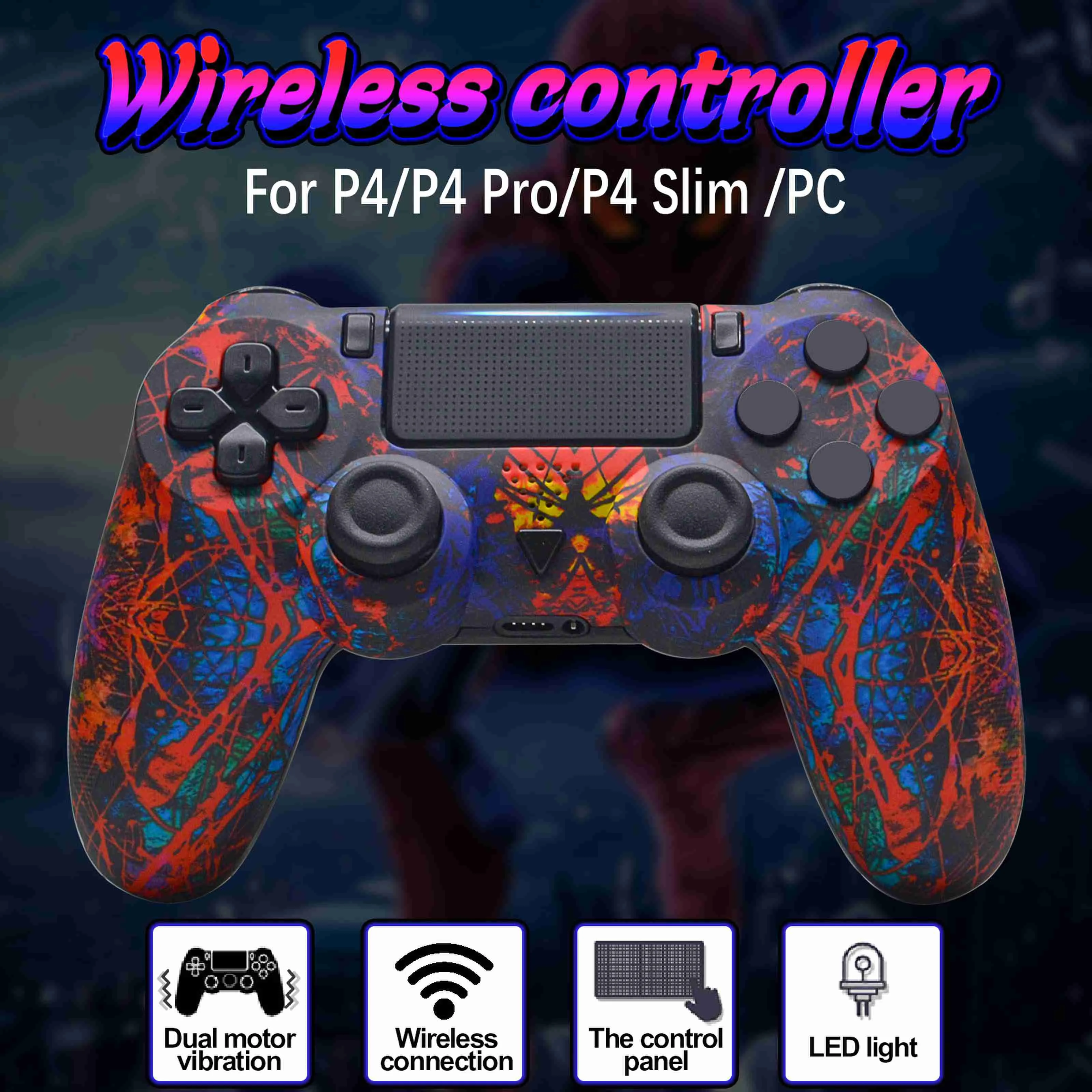 For PS4 game controller, compatible/P4 Pro/P4 Slim/PC gamepad, support 6-axis/vibration/touchpad with 2-point touch click, red w