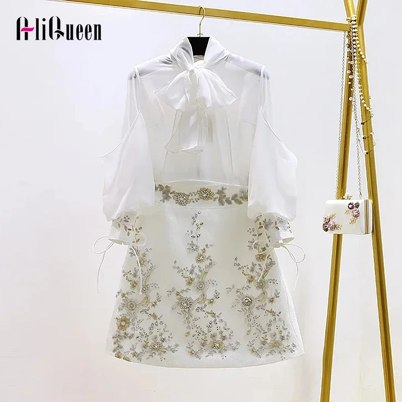 

Женский костюм-двойка с бантом, модельная шифоновая блузка с рукавами-фонариками и винтажная Юбка До Колена с вышивкой, весна-осень