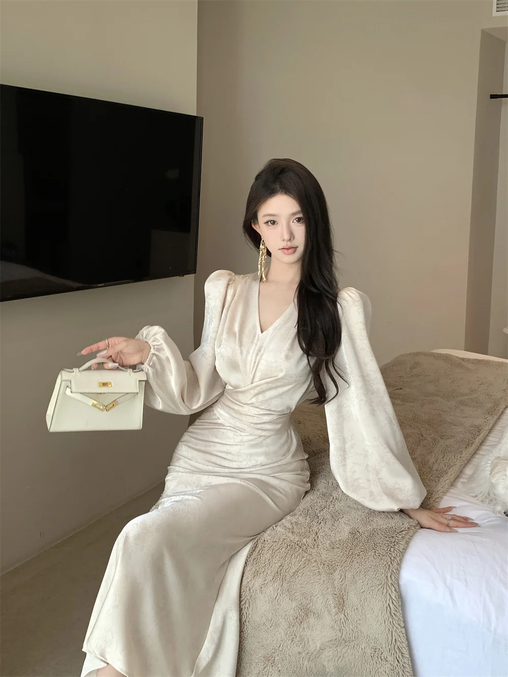 Elegant Bodycon Printed Midi Dresses for Women V-neck Lantern Sleeve Slim Waist Mermaid Evening Party Dress Autumn New Vestidos