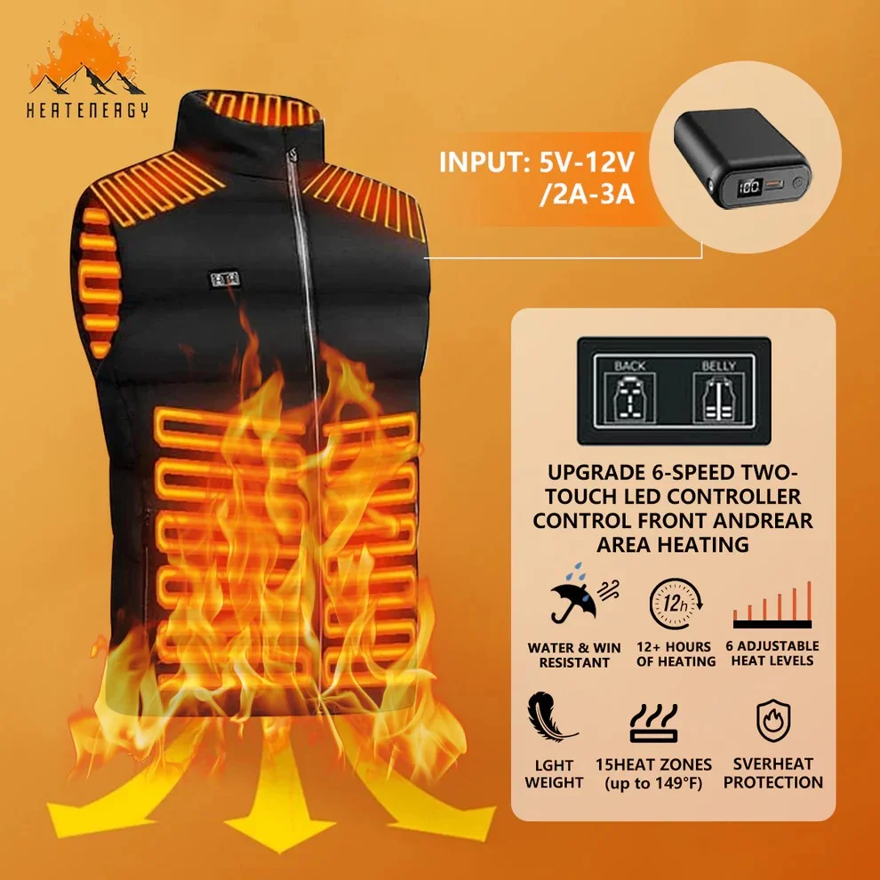 2025 Updated Version Two-touch 15Heat Zones LED Controller Heated Vest For Men & Women With Battery Pack heated jacket