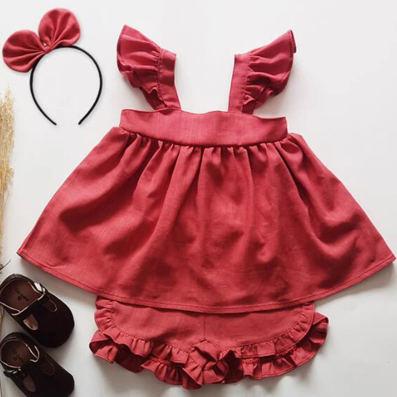 

Summer 0-5Yrs Korean Style Baby Girl Clothing Set Cotton Linen Solid Color Fly Sleeve T-shirt+Shorts Kids Clothes Suit