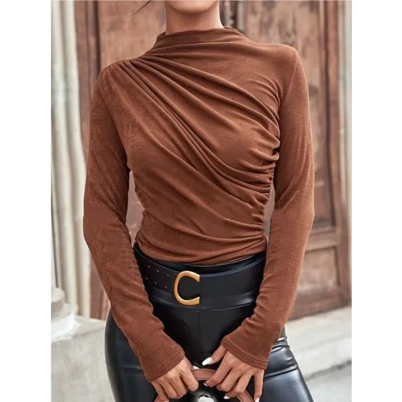 

Spring & Fall for Women Blouse Ruched Mock Neck T-Shirt Casual Long Sleeve Pullover Top