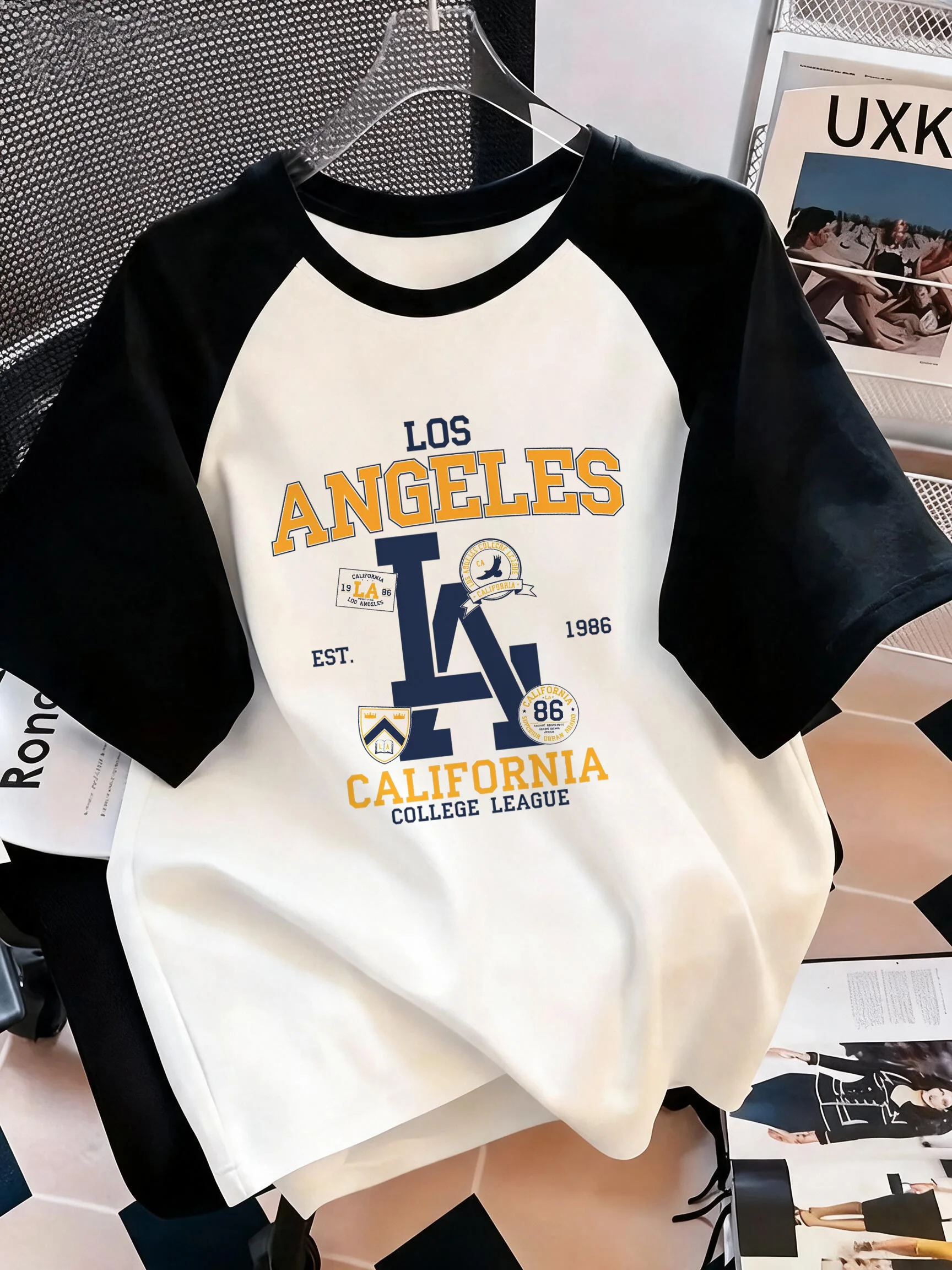 American City Letters Print Trend Retro College Style T-Shirt Damen Raglan Kurzarm Rundhals T-Shirt Freizeitoberteil Kleidung