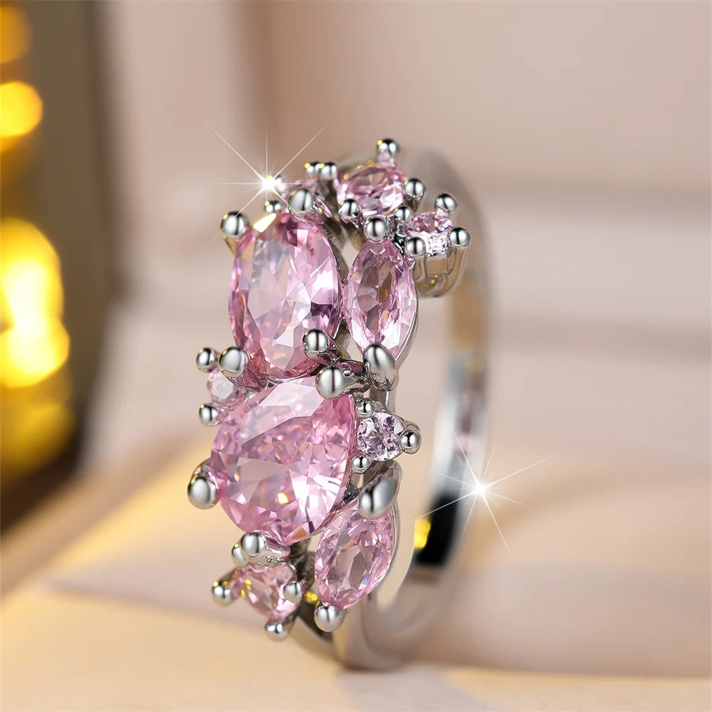 Pink Crystal Zircon Water Drop Stone Rings For Women Vintage Silver Color Engagement Ring Wedding Jewelry Bridal Versatile Gifts