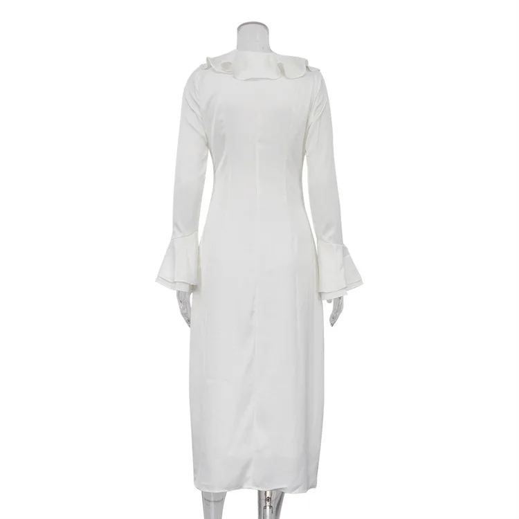 Ruffled Elegant For Women Long Dress Fashion V-Neck Patchwork Long Sleeve Slim Party Dress Gown White Spring Maxi Dress