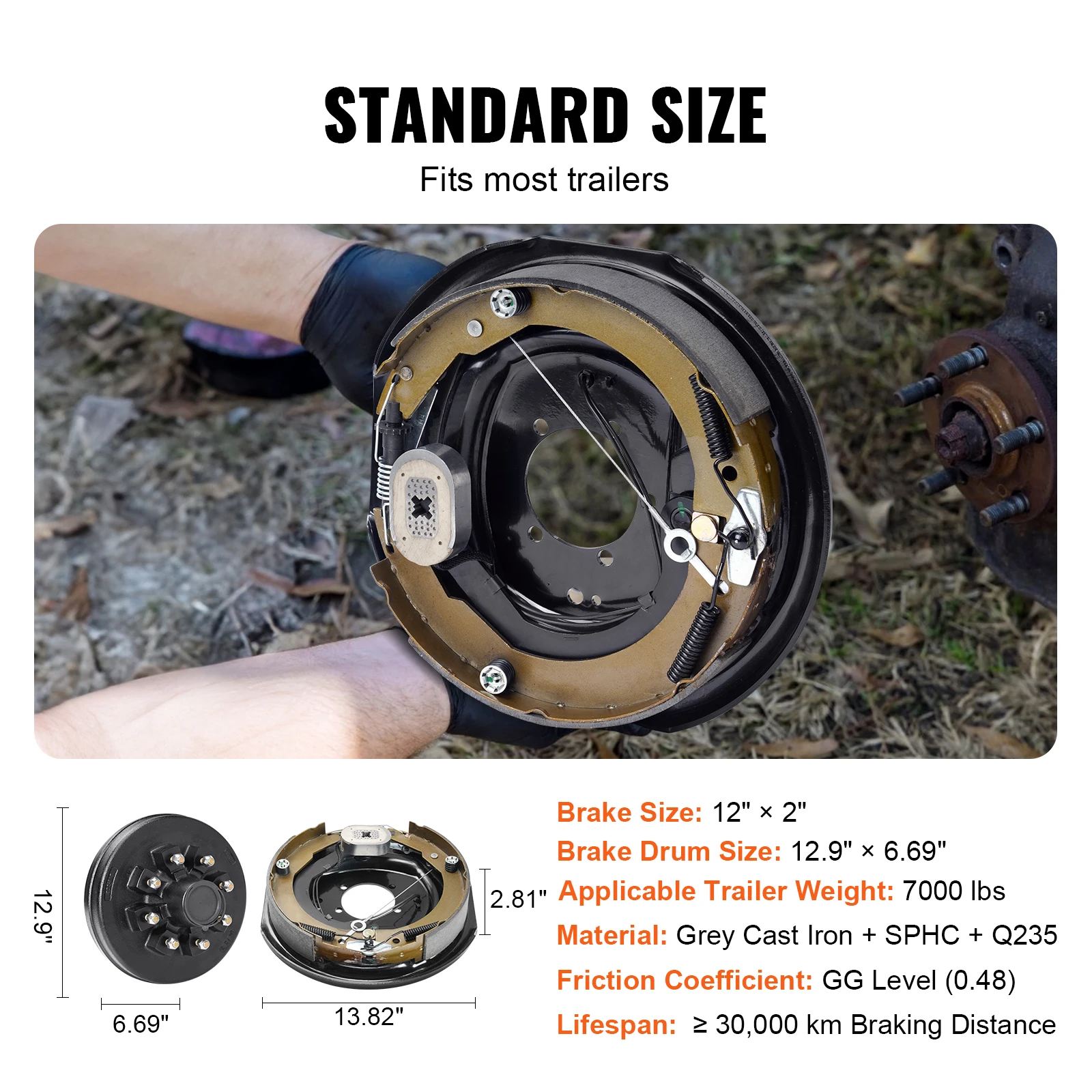 VEVOR Trailer Hub Drum Kits Self-Adjusting Trailer Brake Assembly for 7000 lbs Axle Backing Plates for Brake System Part Replace