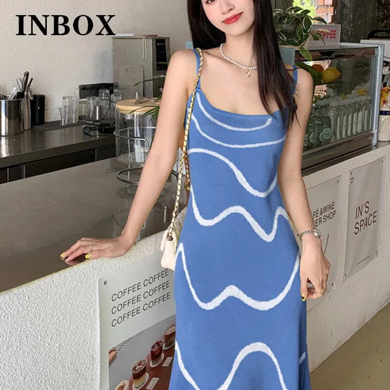 

Summer Sleeveless Printed Stripe Jumper Dress Fashion Dress With Knitted Wave Off Shoulder Spaghetti Strap Dresses Woman