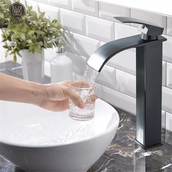 Black Waterfall Basin Sink Faucet Tall Bathroom Mixer Tap Wide Spout Vessel Sink Fauet Hot Cold Water Tap 1