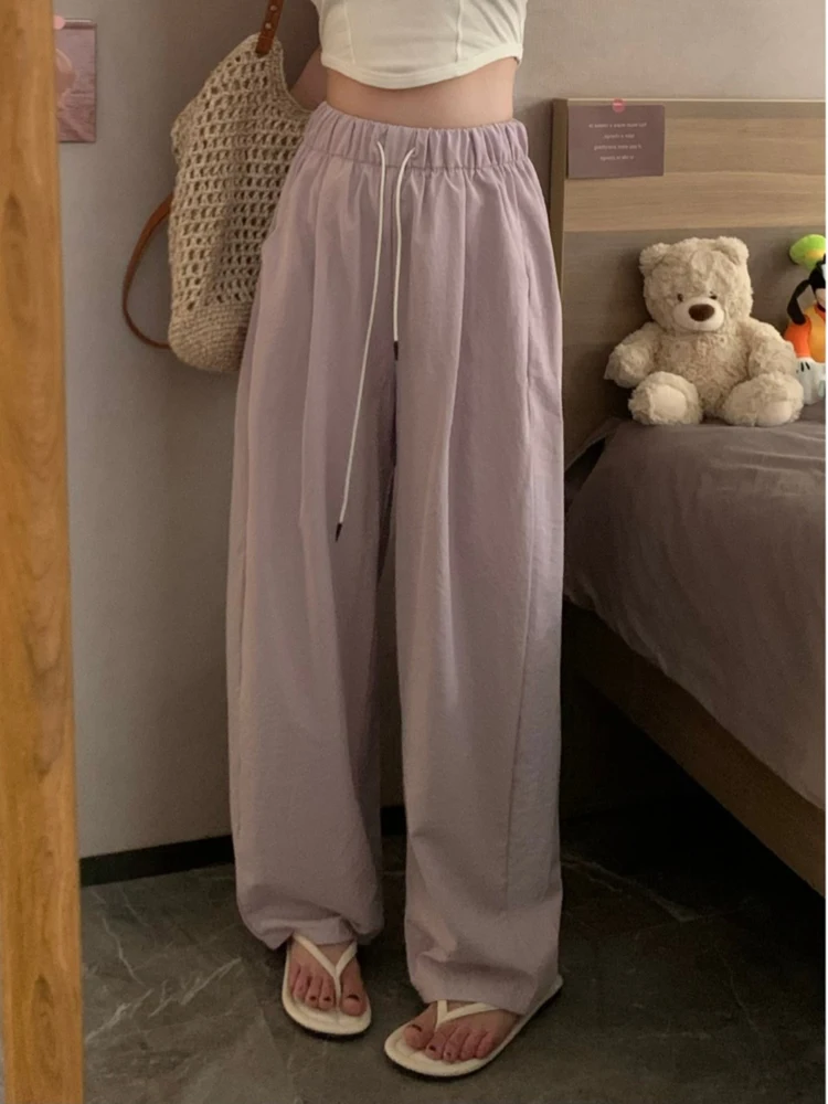 여성을위한 세련된 스포츠 캐주얼 바지 여름 2024 새로운 Draped 넓은 다리 스트레이트 바지 빠른 건조 드래그 바지 유행 걷기 