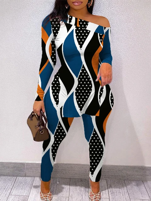 Ensemble pantalon à motif irrégulier pour femme, col incliné, haut à manches longues, taille élastique, grande taille, automne, hiver, nouveau, 2023 1