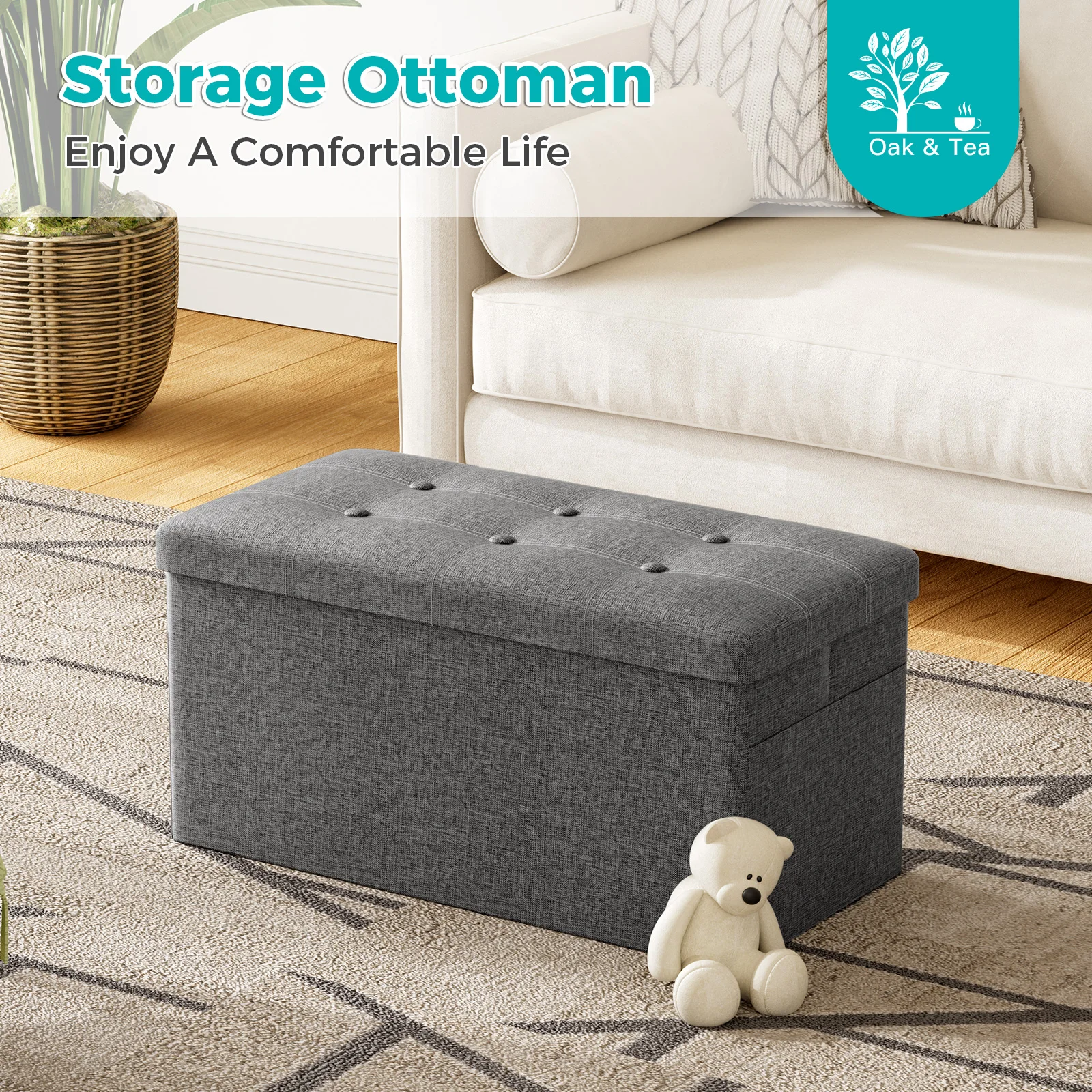 Folding Storage Bench (38x76x38cm) - Sturdy Ottoman for Living Room, Hallway & Bedroom, Holds 150kg with Hidden Storage