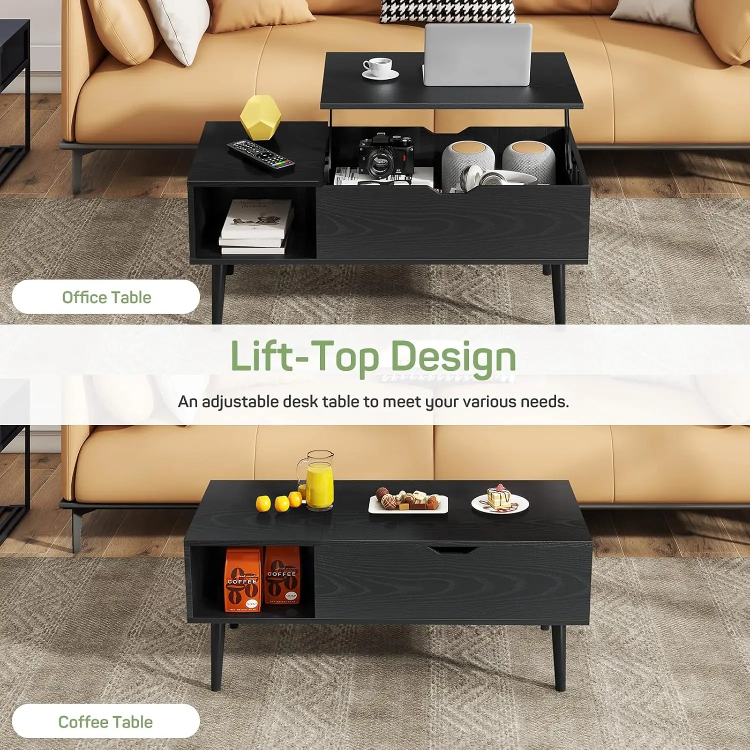 Lift Top Coffee Tables for Living Room, Small Modern Wooden Center Tables with Storage Shelf and Hidden Compartment 4