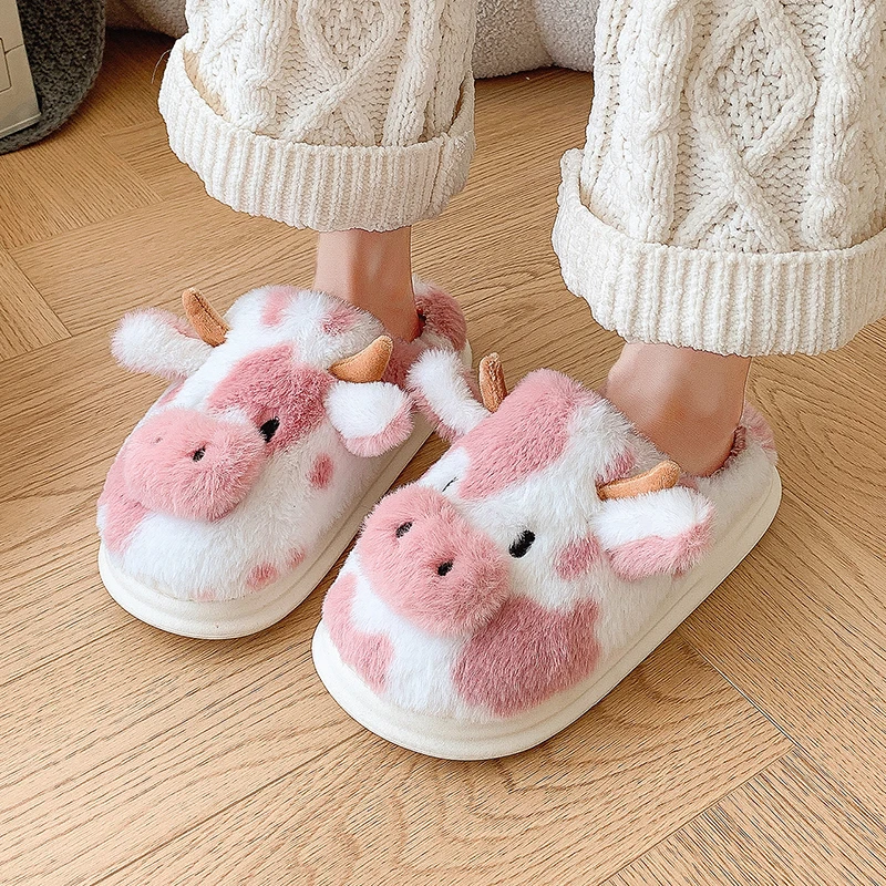 Women Slippers Platform Slippers Warm Slippers Fluffy Slippers Women Home Cow Cartoon Designer Winter Shoes Girls Indoor Cotton Casual Plush Platform Footwear Large Size Warm
