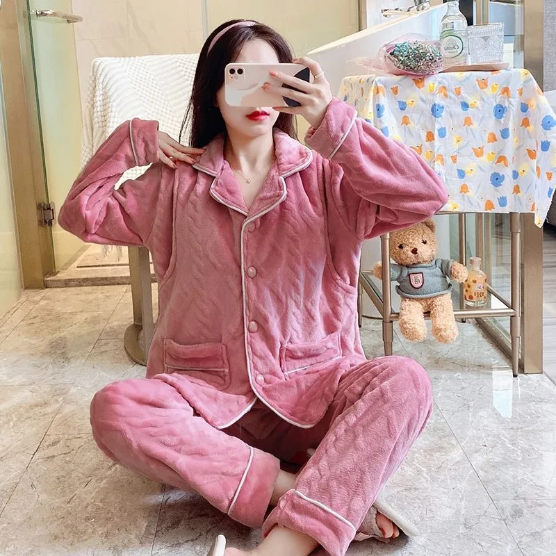 2023 New Autumn Winter Women Fleece V-neck Loungewear Postpartum Clothing Maternity Nursing Pregnancy Thick Coral Fleece Pajamas