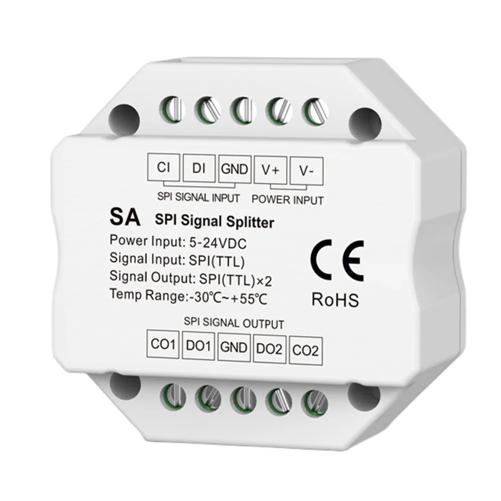 

SA SPI TTL Dual Way Signal Splitter DC5V-24V DC12V Amplifier 2 output For LED Digital Pixel RGB/RGBW Strip Lights