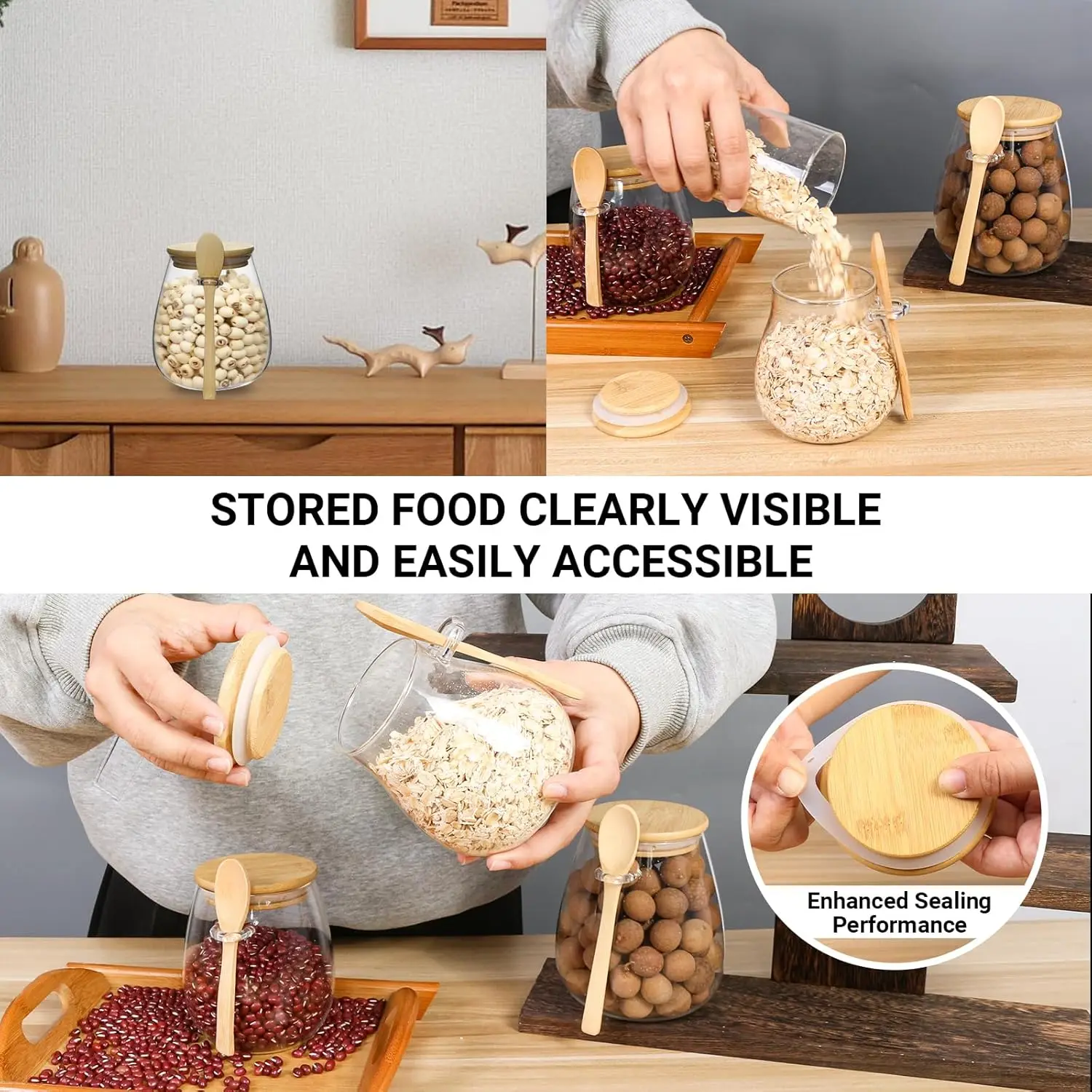 Round glass jars with bamboo lids used for overnight oats meal prep