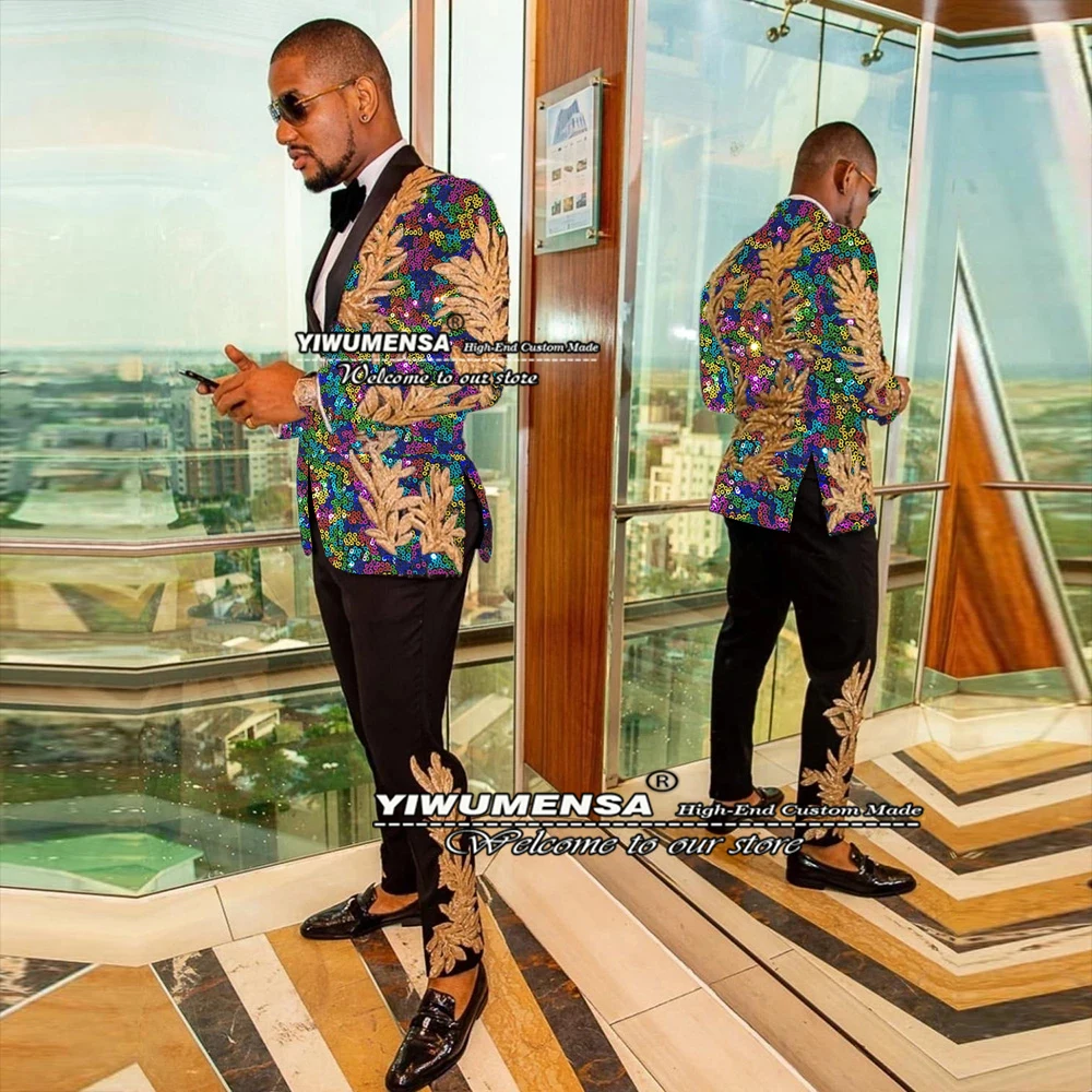 Colorful Shiny Wedding Tuxedo Tailor-Made Suits Mens Masculino Black Lapel Gold Appliques Jacket+Pants Traje De Hombre Para Boda