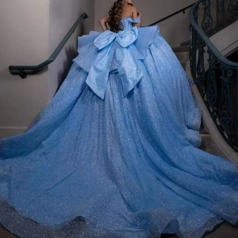 Elegant Sky Blue Quinceanera Dresses For Girls Beads Bow Ball Gown Women Birthday Party Prom Occasion Wear Vestido 15