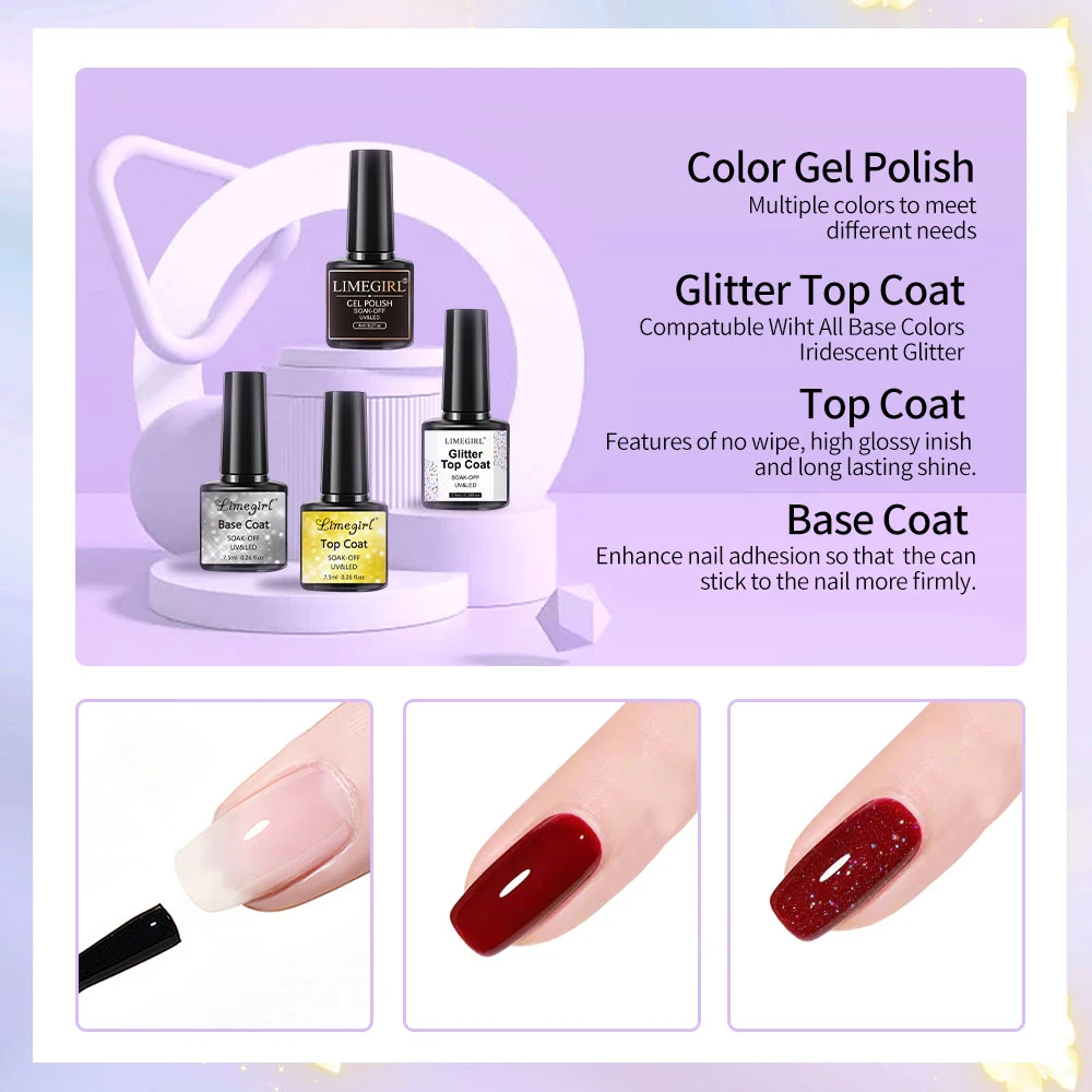 LIMEGIRL Gel Nail Polish Set 21 Color Semi-Permanent Glitter Nail Polish UV Gel Varnish Soak In Nail Polish Base Coat Nail Set 5
