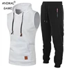 Autumn Mens Sleeveless 2 Pieces Tracksuit Hooded Sweatshirts Bodybuilding Outdoor Breathable Gym Workout Sports Set Sportswear