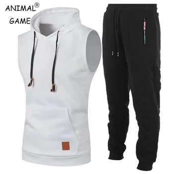 Autumn Mens Sleeveless 2 Pieces Tracksuit Hooded Sweatshirts Bodybuilding Outdoor Breathable Gym Workout Sports Set Sportswear