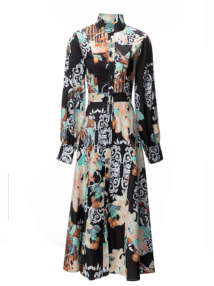 

Dresses Female New Spring High Quality Fashion Party Print Holiday Slim Bohemian Pretty Casual Beach Chic Long Sleeve Midi Dress