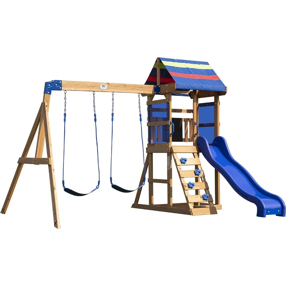 

Bay Pointe All Cedar Wooden Swing Set, Large Upper Deck with Canopy, Sandbox, Rock Wall, Slide, Two Swings, Patio Swings