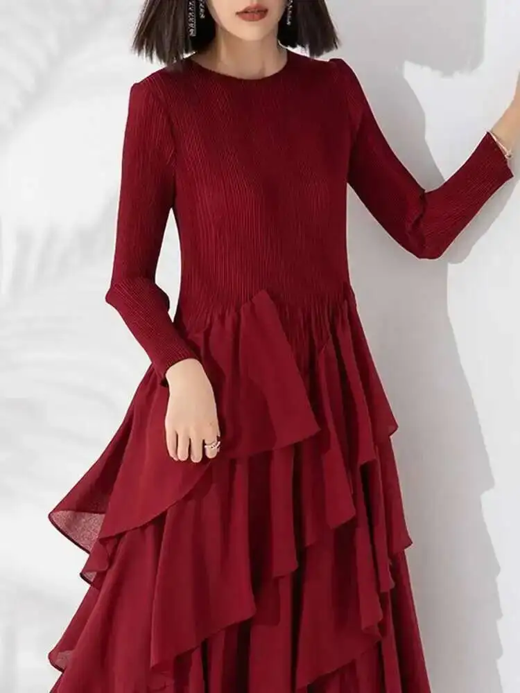 LANMREM Ruffles Pleated Dress Women's Round Neck Long Sleeves Layers Solid Color Stitching Party Clothing New Trendy 2DA2217 - Image 2
