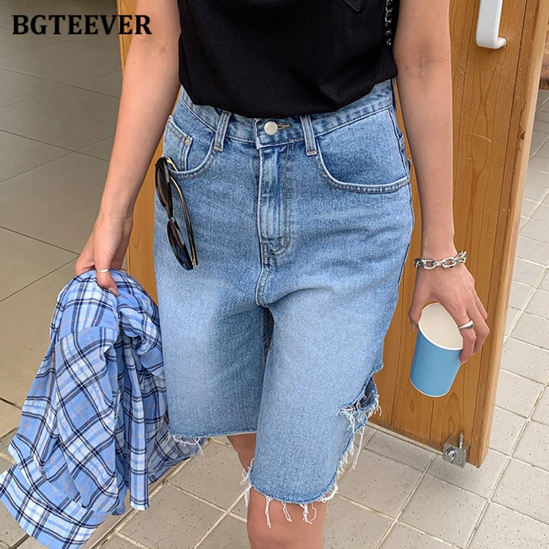 

BGTEEVER Stylish Ripped Holes Women Denim Shorts Summer High Waist Casual Loose Pockets Straight Ladies Jeans Shorts Y2K