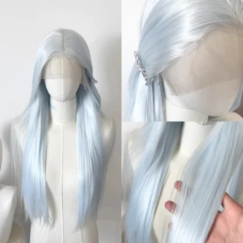 Parrucca Bianca Blu con Pizzo Frontale per Donne, 13x4 HD, 26 Pollici, Capelli Lisci Lunghi, Parrucca Sintetica con Pizzo Frontale per Cosplay