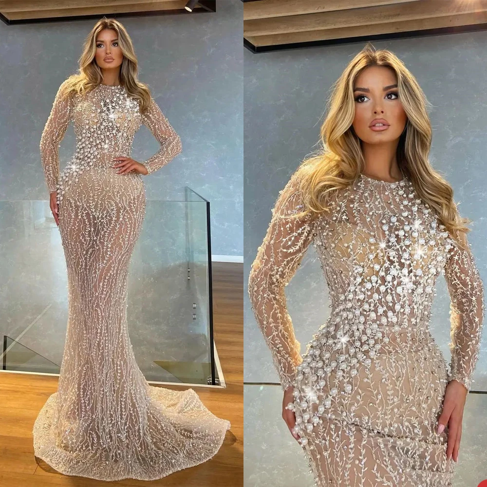 

Champagne Sequin Mermaid Evening Dresses 2022 Jewel Neck Long Sleeve Pearls Beads African Formal Party Prom Gowns