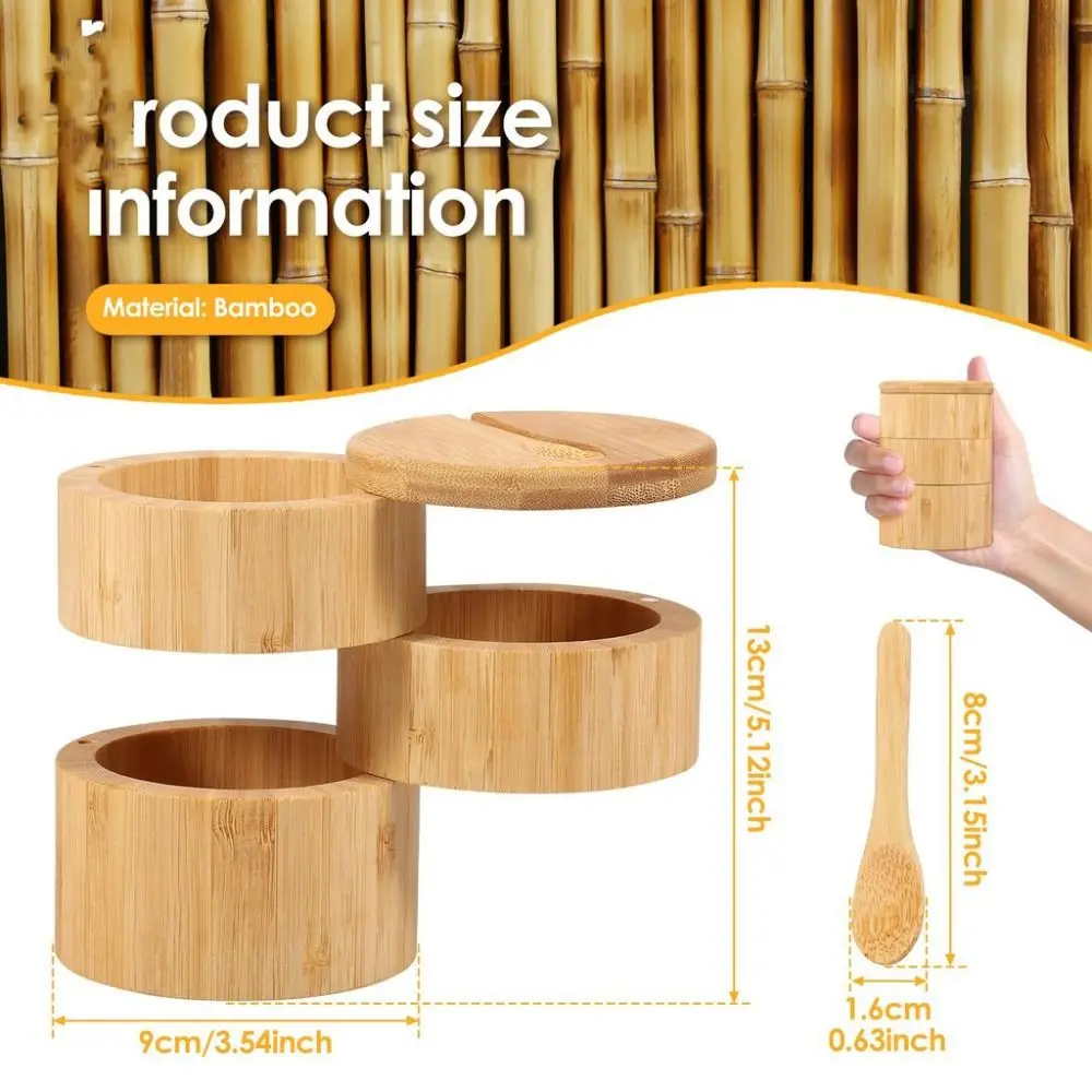 Triple Salt Box Bamboo Salt Shaker Kitchen Supply Large Capacity Kitchen Seasoning Bottle Double Grid Storage Box