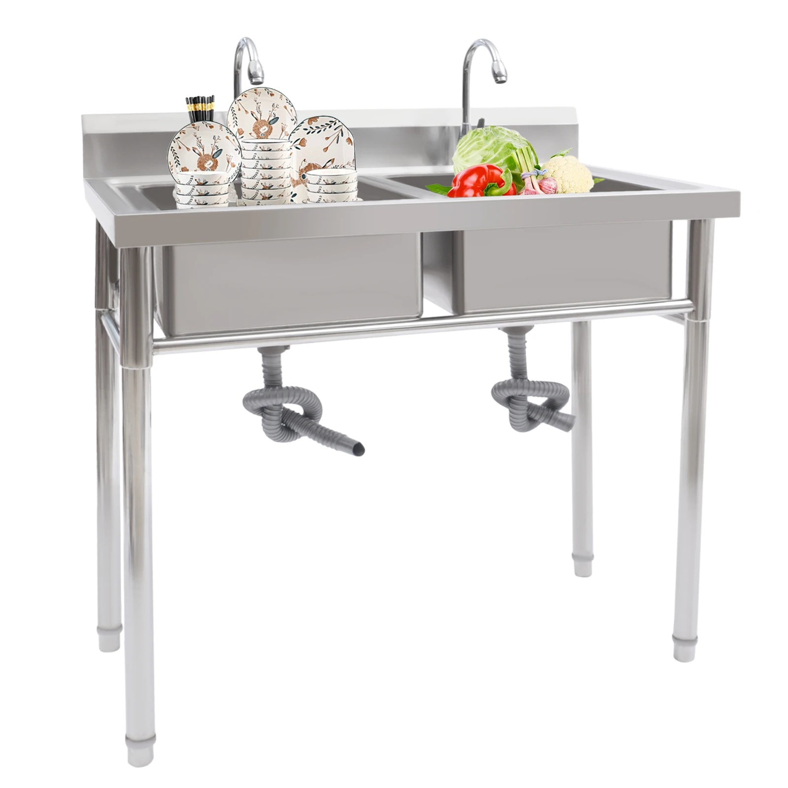 Commercial Stainless Steel Sink 2 Compartment Free Standing Utility Sink for Garage Restaurant