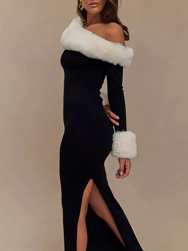 Vestido de manga larga con abertura y empalme de felpa para mujer, sexy, con cuello oblicuo, elegante, para fiesta de invierno.