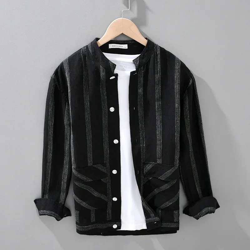 

Spring Fashion Men's 100% Linen Striped Shirt Premium Yarn Dyed Loose Casual Vintage Basics Blouse Stand Collar Long Sleeve Tops
