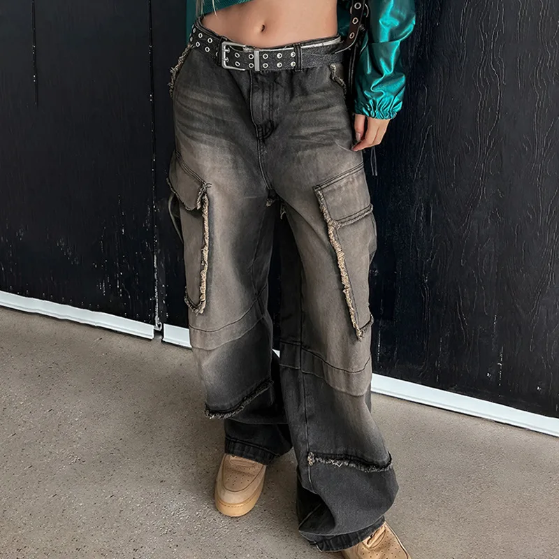 

Streetwear Vintage Cargo Jeans Women Washed Distressed Baggy Pants Big Pockets Flash Casual Slouchy Straight Denim Trousers