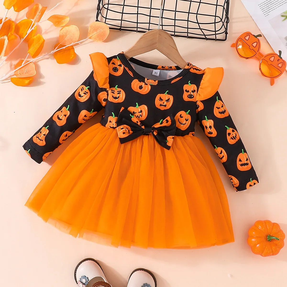 Spring and autumn fashion sweet girl Halloween pumpkin long sleeve gauze skirt simple foreign style dress