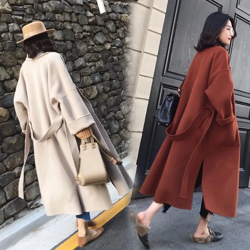

Winter New Women's Coat Tweed with Loose Ties Over The Midi Style Jackets Coat for Women Jackets Trench Coats Korean Female Coat