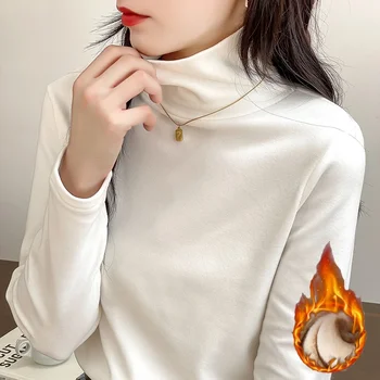 2025 سميكة صوف مبطن الياقة المدورة مزدوجة الوجهين المخملية الدافئة قاعدة تي شيرت الكورية نمط الخريف الشتاء طبقة قاعدة بسيطة القمم ﻿