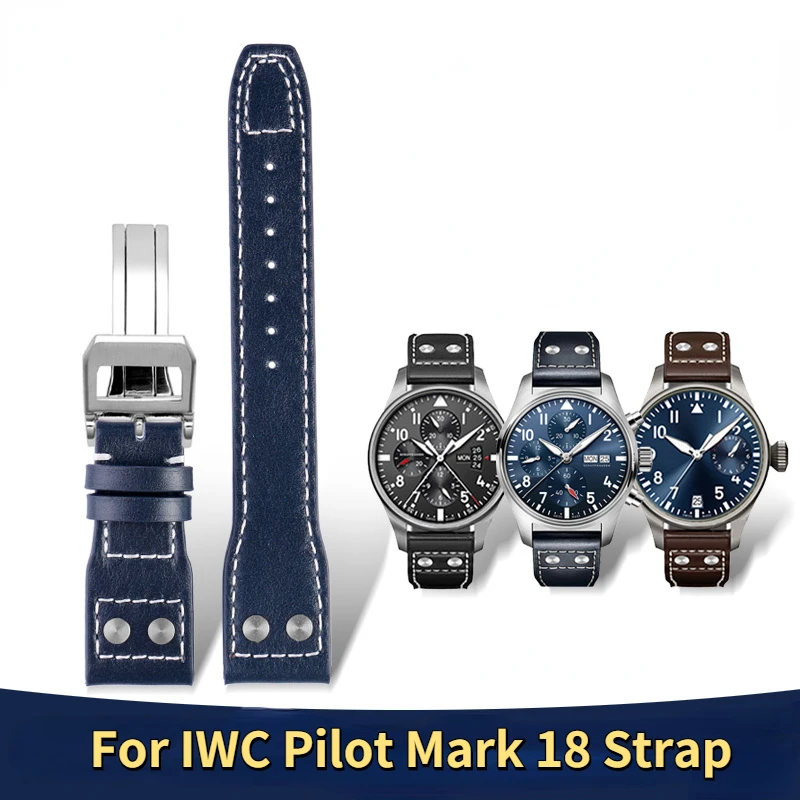 20Mm 21Mm 22Mm Di Alta Qualità In Vera Pelle Rivetti Cinturino Per Iwc Big Pilot Spitfire Watch Pelle Bovina Nero Marrone Blu Cinturino