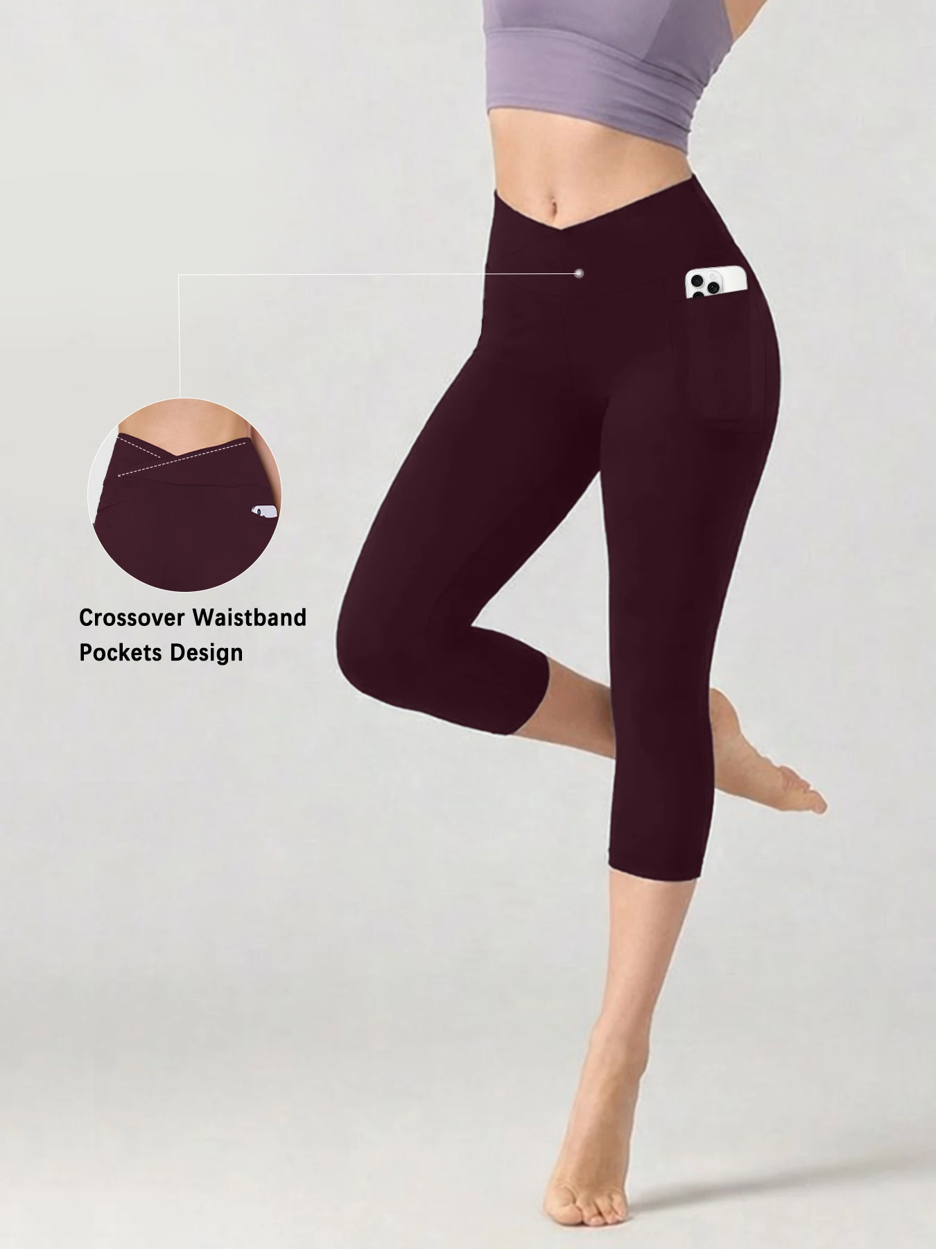 Damen Super Weiche Crossover Capri-Hose mit Hoher Taille und Taschen Bauchkontrolle Blickdicht Workout Yoga Lauf-Leggings