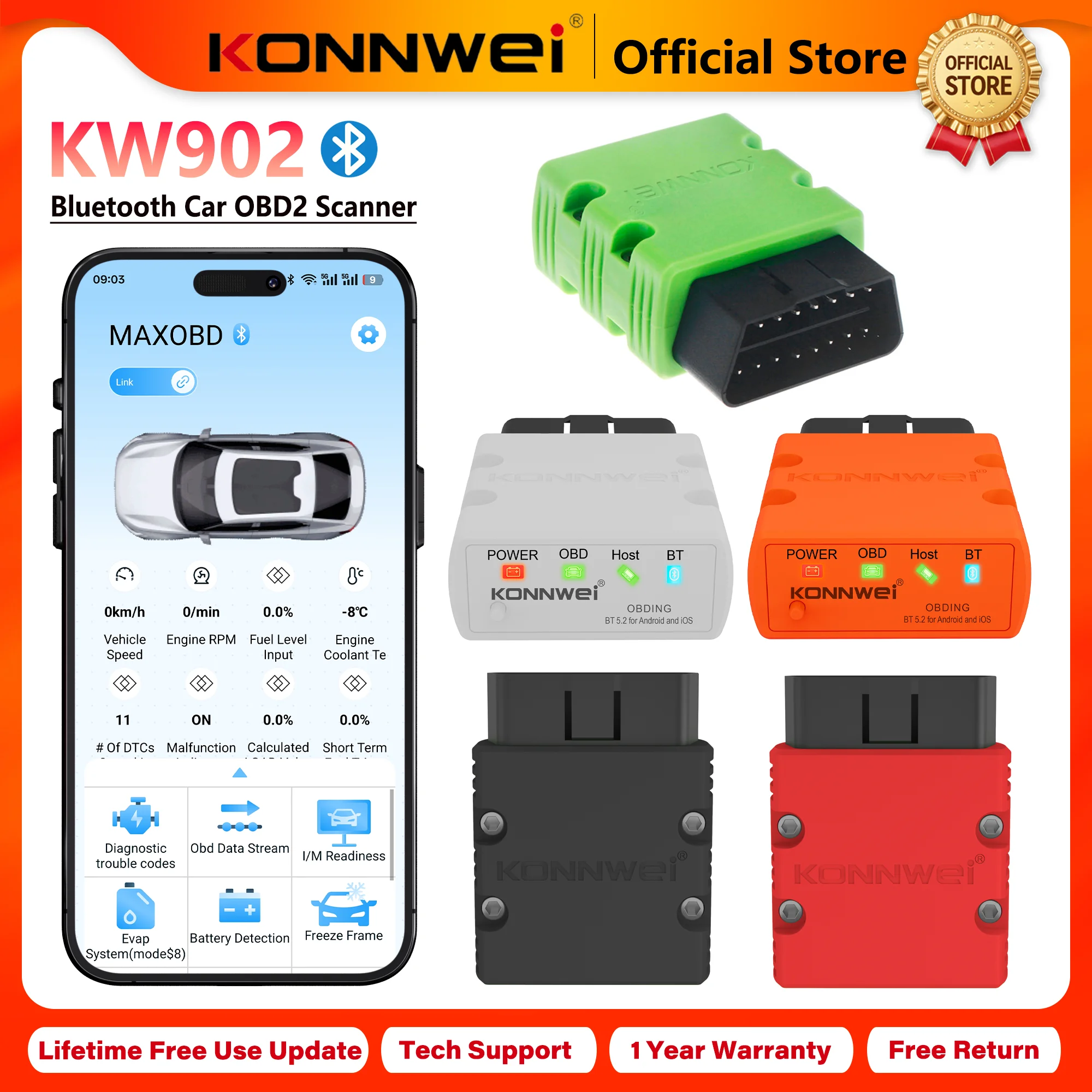 KONNWEI OBD2 Bluetooth Scanner KW902, ELM327 V1.5 Mini Car Diagnostic Code Reader for Android iOS Check Engine Light Reset 2026